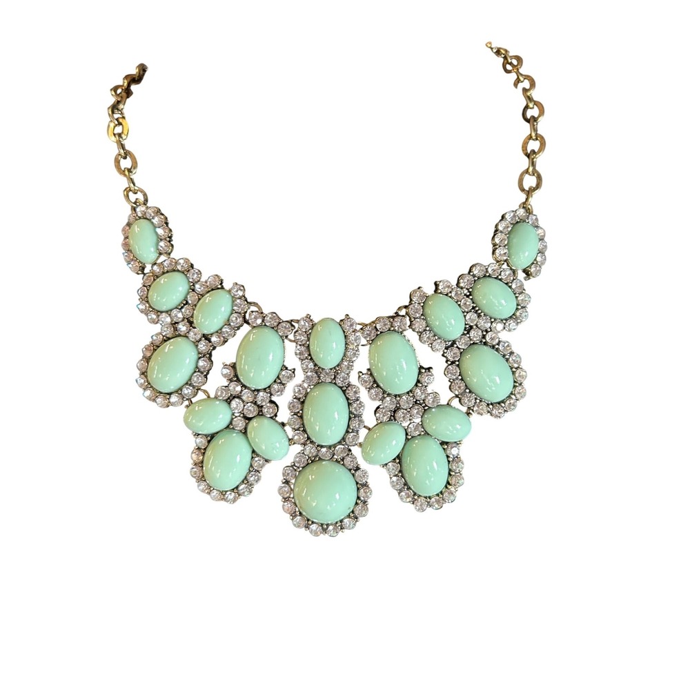 Mint Green Cabochon Rhinestone Statement Bib Necklace Gold Tone Bridal Party